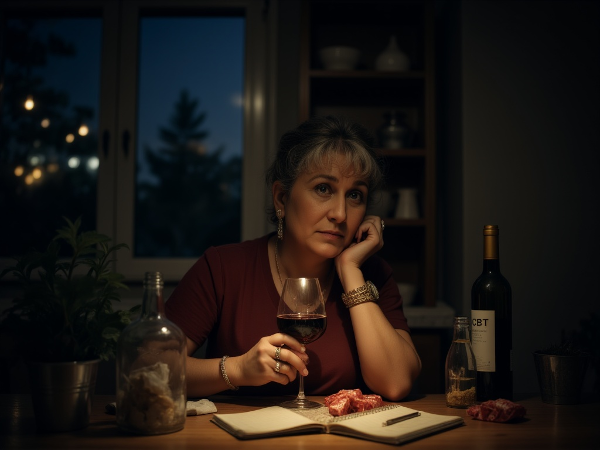 夜、キッチンテーブルで一人グラスワインを手に考え込む53歳女性。空のワインボトルとお菓子の包み紙、CBTと書かれたノートと電話が置かれ、助けを求める気持ちと変化への一歩を象徴しています。