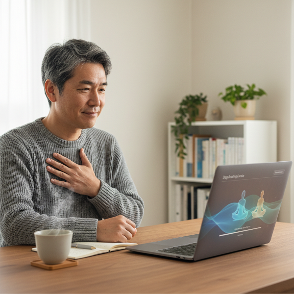 54歳の男性が自宅でオンラインカウンセリングを受けながら、リラクゼーション法を実践し、内省している落ち着いた情景です。