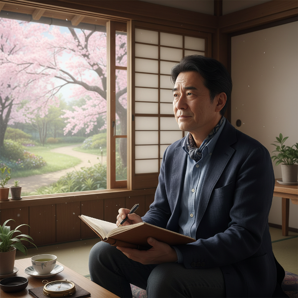人生の節目で内面と向き合う51歳の男性が、窓辺で自己探求ノートを手に、静かに自分自身を見つめ直している情景。