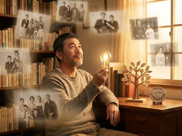46歳の男性が家族の期待から離れ、自己発見とポジティブ心理学の学びを通じて内面的な成長を探求している様子を描いたイメージです。
