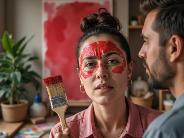 42歳の女性が仕事と家庭の両立に悩み、趣味の絵画やヨガでもストレスを発散できず、夫との関係にもひびが入っている様子を表現した画像です。