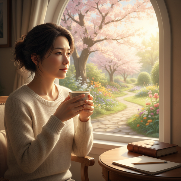 人生の転換期を迎え、窓辺で自分自身と向き合う49歳の女性。傍らには手つかずの趣味の品が置かれ、窓の外には新たな道が続いています。