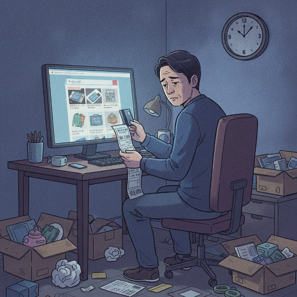 41歳の男性が深夜にネットショッピングに没頭し、翌朝届いた荷物と請求書に後悔する様子を描いたイラスト