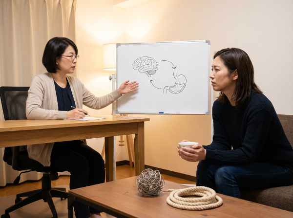 心の専門家が、ストレスと胃の痛みの関係を優しく説明している、落ち着いたオフィスのイラスト。