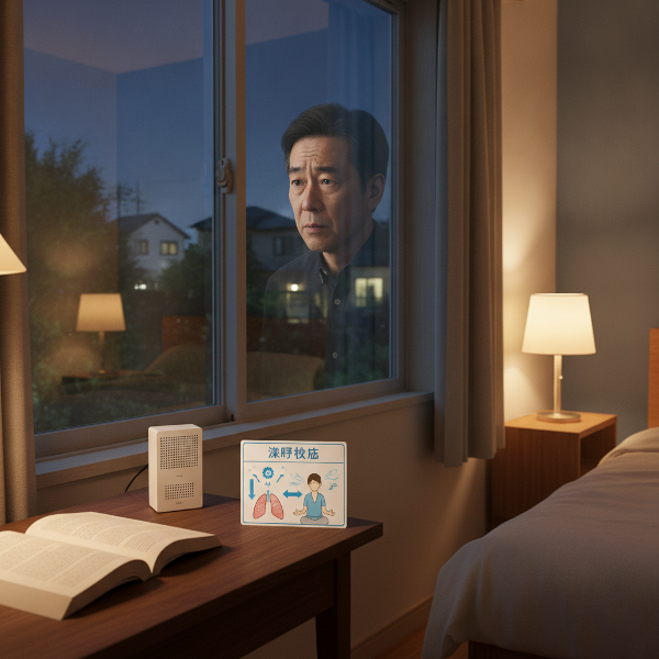 夜の自宅で不安を感じる男性と安心設備や対処法のアイテム