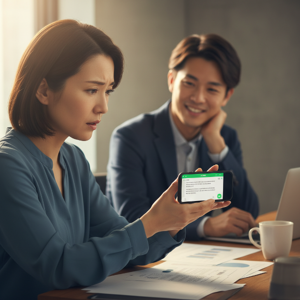 職場でスマートフォンを見ながら複雑な表情を浮かべる41歳の女性と、後方で微笑む若い男性同僚。年齢差のある職場での人間関係の悩みを表現しています。