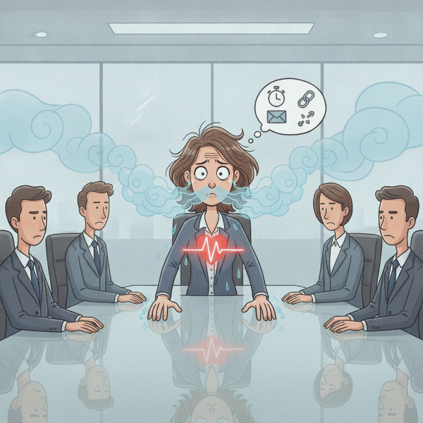 会議で不安と孤独を感じる女性が、心臓の動悸や言葉の詰まりに苦しむ様子を描いたイラスト。