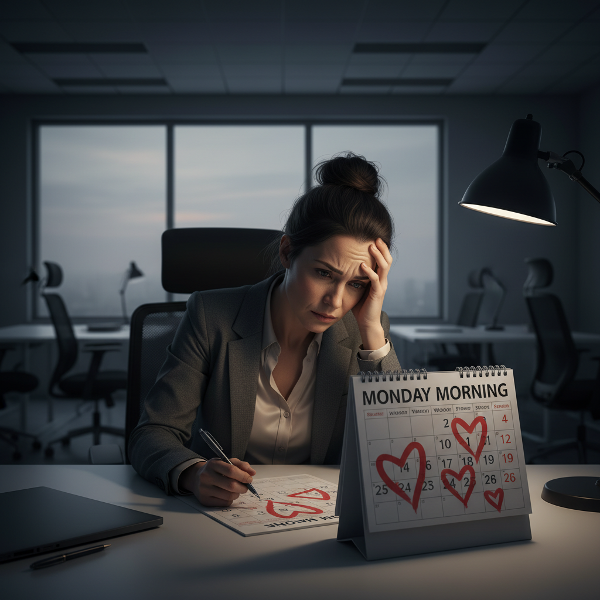 過重労働に悩む32歳女性が週末に月曜日への不安で動悸や不眠を感じる様子を描写。