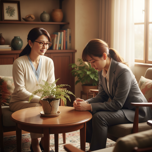 心理学者の明が、職場での燃え尽き症候群に悩む45歳の女性クライアントに、温かく共感しながら耳を傾けている様子を描いた画像。