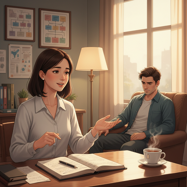 心理学者が男性クライアントの怒りの感情についてカウンセリングする様子を描いたイラスト。