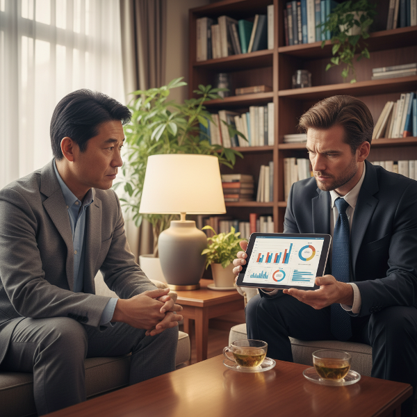 心理学者の明が、昇進後の不安を抱える44歳の男性ビジネスパーソンに、落ち着いたオフィスで耳を傾け、共感している様子を描いた画像です。