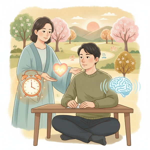 心身症に悩む男性が心理療法とセルフケアで回復へ向かうイメージを描いたイラスト。