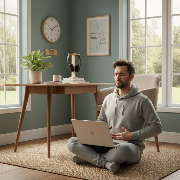 リモートワークでストレスを感じる男性が、深呼吸や境界設定を通じてワークライフバランスを整え、心身の健康を取り戻す様子を描いた画像です。