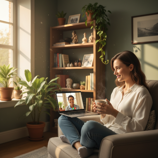 リモートワークで孤独を感じる女性が、温かい光が差し込む自宅でパソコンを見ながらほほえんでいる、穏やかで希望を感じるイラスト。