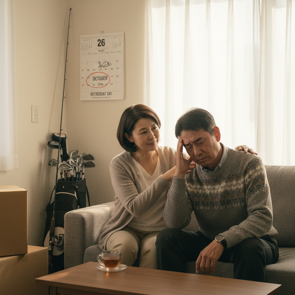 定年退職後、心身の不調を訴える夫を心配そうに見つめ、優しく寄り添う妻の姿。リビングには退職日が印されたカレンダーと、使われていない趣味の道具が描かれ、人生の転換期と温かいサポートを表現しています。