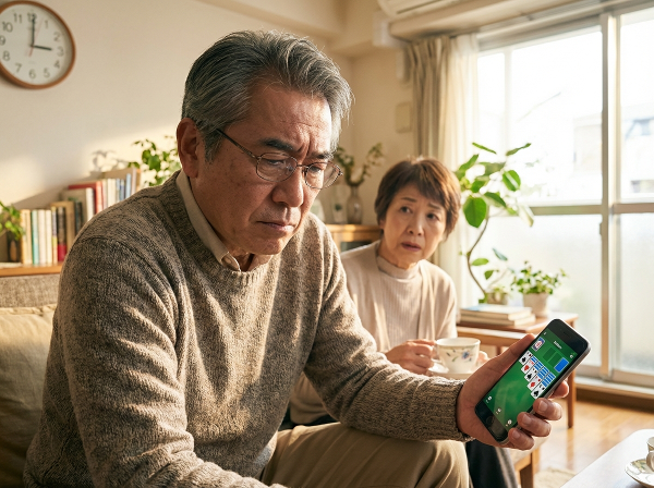 定年後の男性が午後の長い時間にスマートフォンのソリティアゲームにはまり、自己嫌悪に陥っている様子を描いたイラスト。