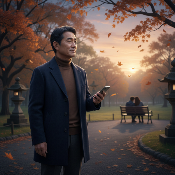 黄昏時の静かな公園で、遠くのベンチに座るカップルを見つめる61歳の男性。スマートフォンを持ちながらも画面から目を離し、秋の落ち葉が舞う中で孤独と内省の時間を過ごしている情景。