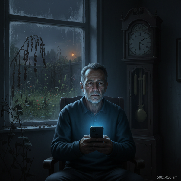退職後の男性が深夜にスマートフォンに没頭し、現実の趣味である園芸がおろそかになっている様子を描いた画像。デジタル世界と現実の対比が浮き彫りにされています。