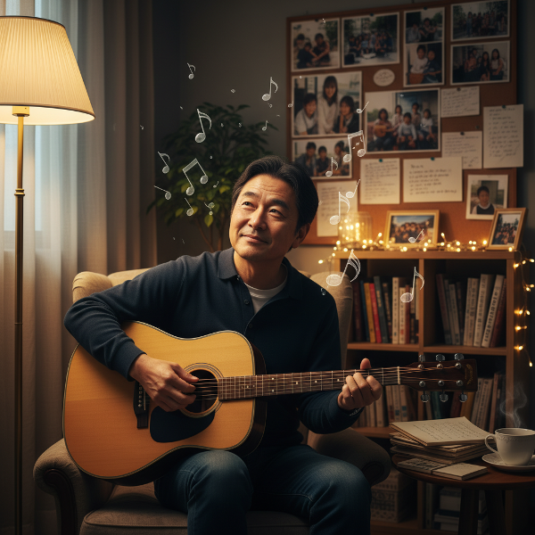 退職した音楽教師が自宅でギターを弾く温かい場面