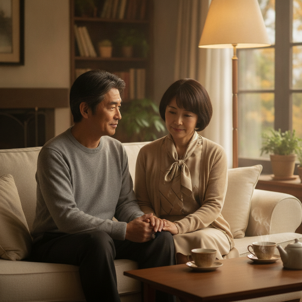 退職後の夫婦がソファで手をつなぎ、新しい親密さを模索する様子