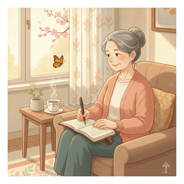 60代女性が窓辺で日記を書き、小さな植物とお茶がそばにある。柔らかな光と蝶が希望と自己肯定を象徴。