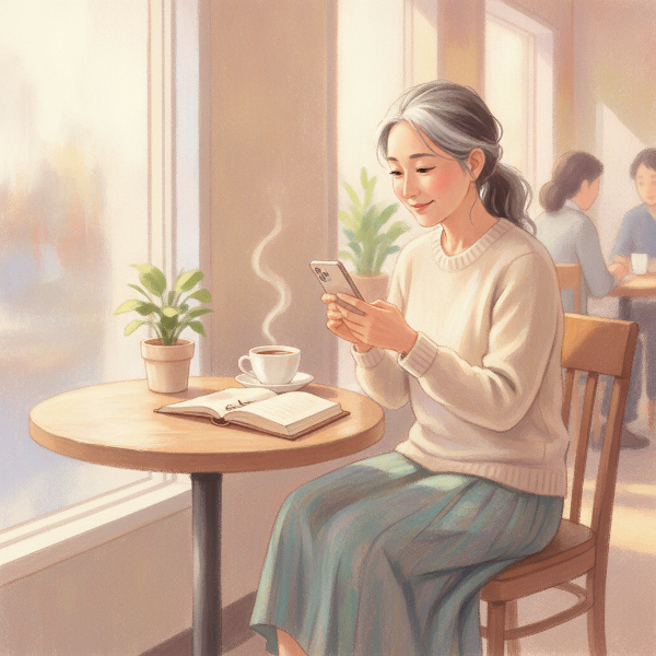 55歳の女性がカフェで一人、スマホを見ながら穏やかに微笑む、温かみのあるイラスト。自己内省と感情のバランス、優しい人間関係を象徴。