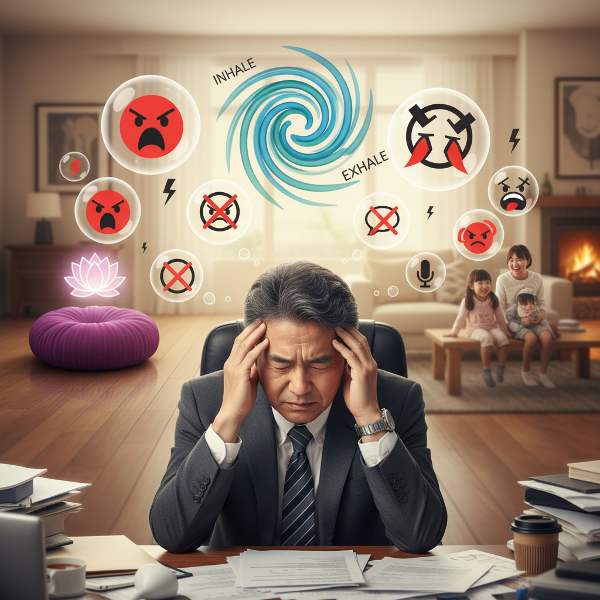 ストレスを感じる62歳の男性ビジネスマンが、怒りの感情と向き合い、瞑想や深呼吸などのリラクゼーション法で心の平穏を取り戻す様子を描いた画像。