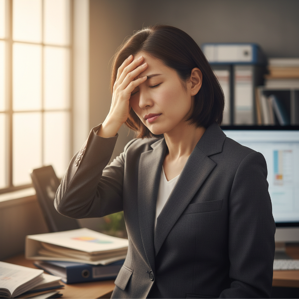 多忙な管理職の女性が職場で頭痛とめまいを感じている様子を、ストレスと心身の不調を象徴的に描いています。