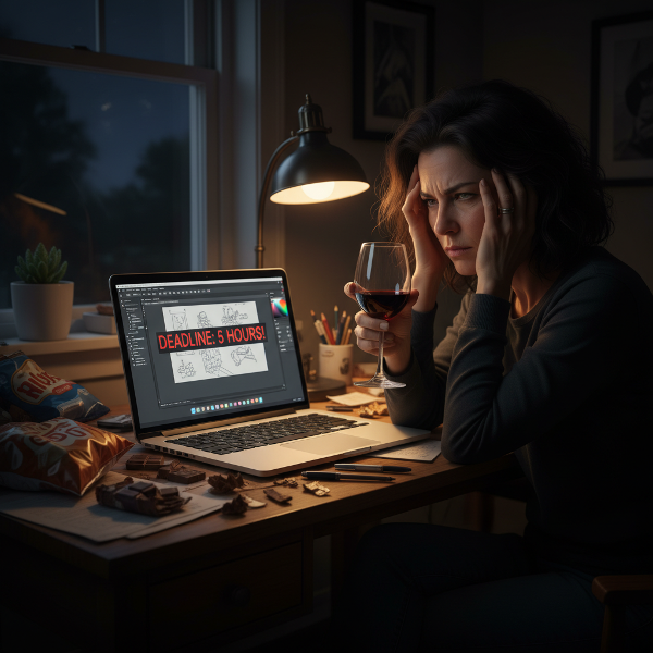 仕事のストレスから夜にワインとスナックに依存してしまう女性が、デスクで疲れた表情を浮かべている様子。背景には締切が迫った仕事の画面と、希望の象徴として小さな観葉植物が描かれています。