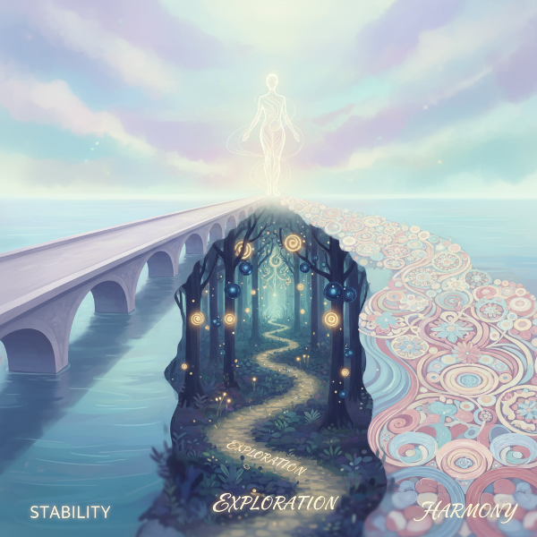 心の地形を表す抽象的な風景画で、安定性、探索、調和の3つの道が中央の人物から分岐し、内省的な雰囲気を醸し出しています。