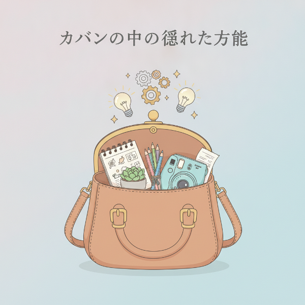 開いたカバンの中身と、創造性を象徴するアイデアの記号が浮かぶイラスト。