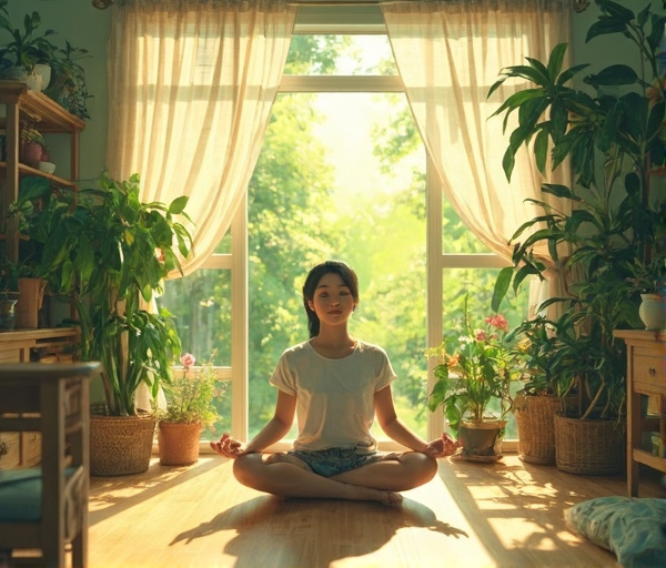 自然光と植物に囲まれた整った部屋で、人が穏やかに座り空間と調和している様子を描いた画像。