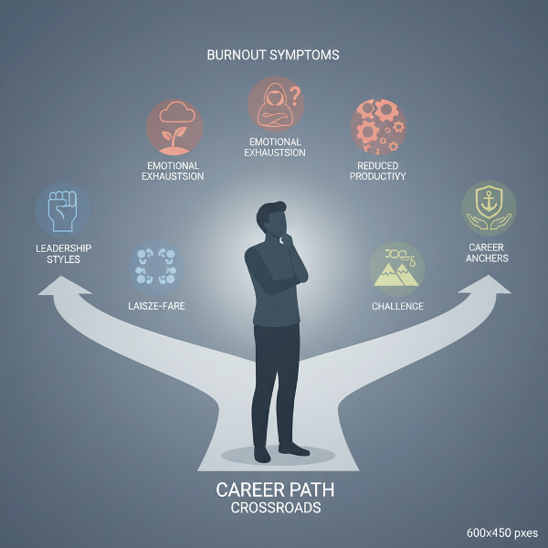 キャリアの方向性、リーダーシップスタイル、燃え尽きの兆候、深い価値観を探る心理テストを表す、シンプルで現代的なイラスト。