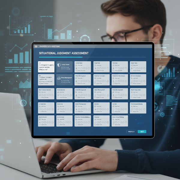 職場での価値観、ストレス傾向、意思決定スタイルを診断するオンラインテストのインターフェースを表した画像。
