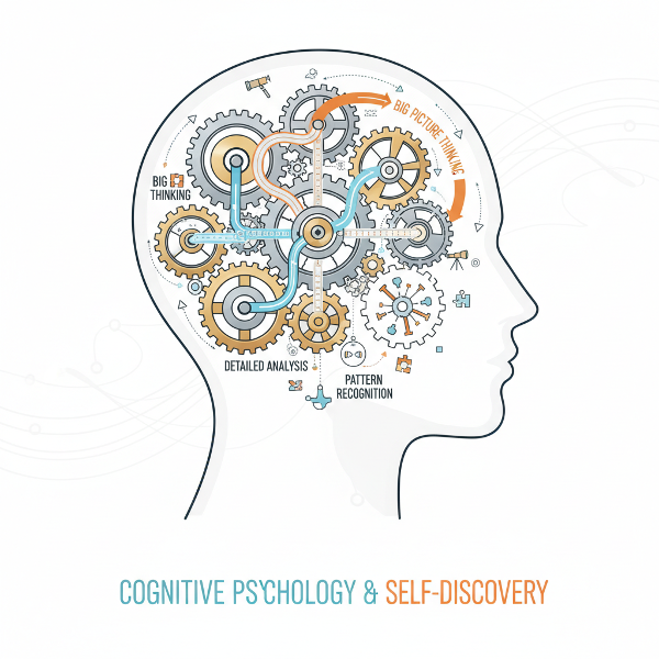 人間の頭部の中で歯車が回り、様々な思考戦略を表す矢印や経路が描かれた、認知バイアスと思考パターンを分析するオンラインテストを表すインフォグラフィック風の画像。