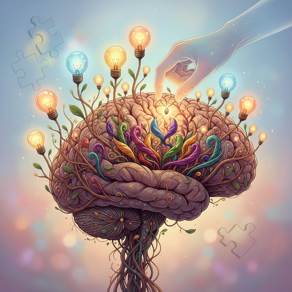 脳が庭のように描かれ、電球が花として咲き、手が発想の種を植える抽象的なイラスト。創造性が日常で育つ様子を表現。
