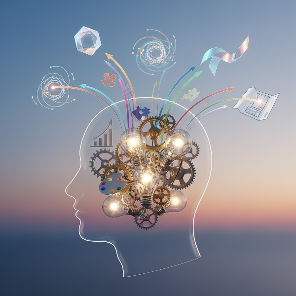 創造的思考のプロセスを、頭の中の歯車と電球、抽象的な概念をつなぐ矢印で表現した現代的なコンセプト画像。