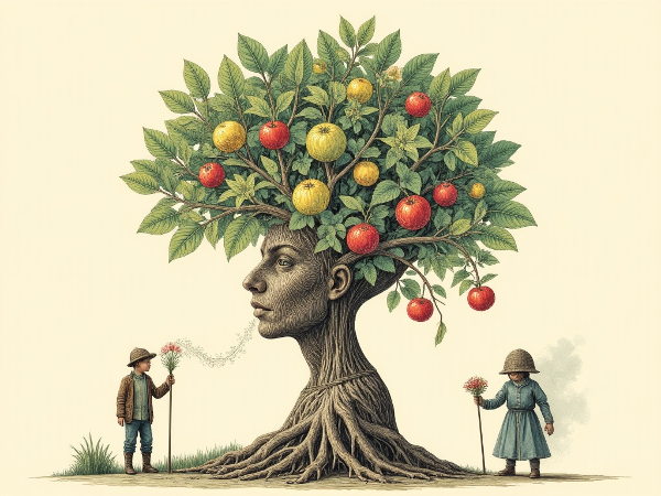 創造性を4つの側面（流れ、枝ぶり、根、実）と2つのタイプ（庭師型、探検家型）、内的障壁を象徴的に表した、頭が木になった人物のイラスト。