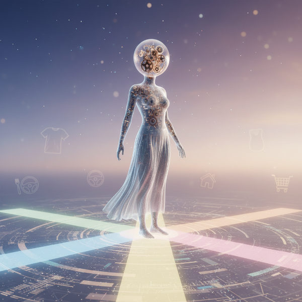 無意識の思考パターンを可視化した、交差点に立つ人物のイメージ。頭の中の歯車が日常の決断を象徴しています。