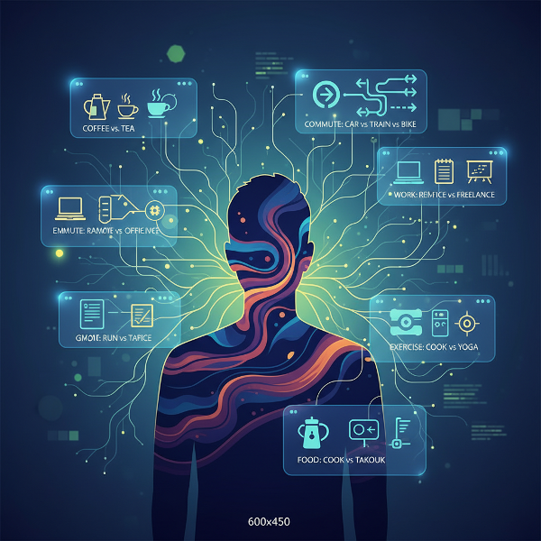 無意識の行動パターンをアルゴリズムのように可視化した、日常の選択に隠された心理を表現するイラスト。