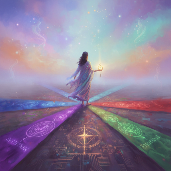 分岐路に立つ人物と、直感・論理・感情・周囲の影響を象徴する光の道。手にした羅針盤が、隠れた決断のパターンを照らし出す象徴的なイラスト。