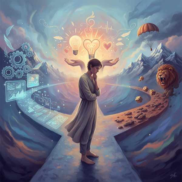 選択肢に直面し、分析的、直感的、リスク志向の道を象徴的に示した、意思決定の岐路に立つ人物のイメージ。