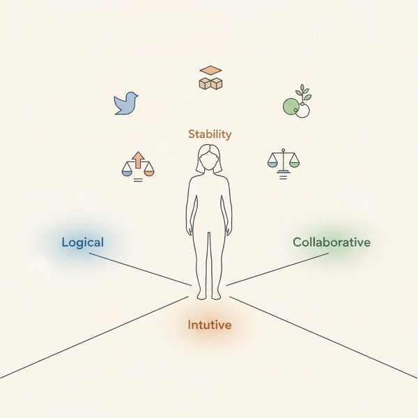 意思決定スタイル（論理的・直感的・協調的）と核となる価値観（自由・安定・調和・成長・公正）を分析するオンラインテストの概念を表す、モダンでミニマルなイラスト。