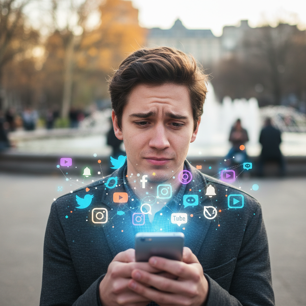 デジタル環境が感情や人間関係に与える影響を評価するオンラインテストの説明画像。スマートフォンを見つめる人物と、オンラインとオフラインの世界の対比を表現しています。