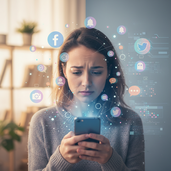 デジタル環境が心理に与える影響を表現した画像。スマートフォンを見る人物の複雑な表情と、現実とデジタルが交錯する背景で、オンライン習慣の健全さを問いかけます。
