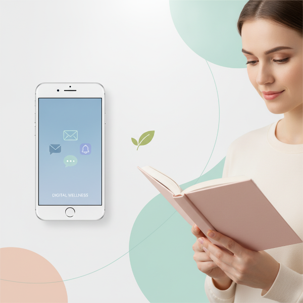 デジタルツールと健康的な距離感を表現したバランスの取れた構図。スマートフォンと読書中の人物が調和している。