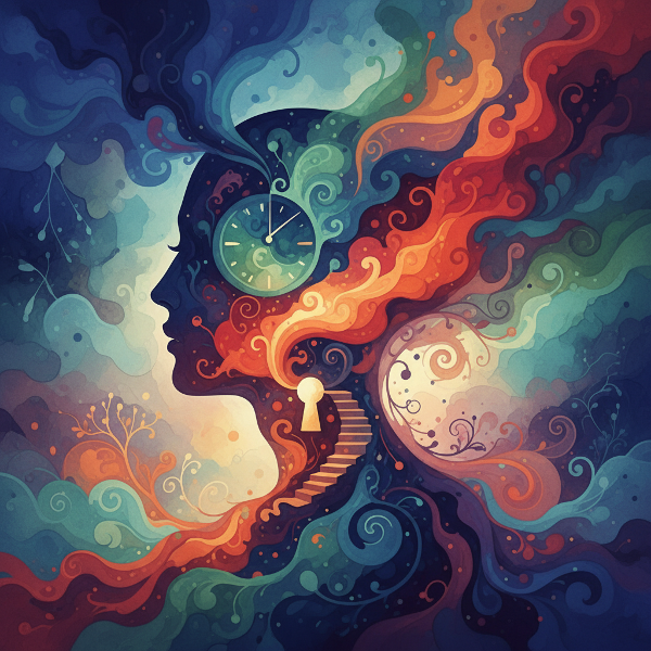 色彩心理学に基づき、感情や無意識の反応を色のメタファーで可視化した抽象的なイラスト。内面世界が色の渦として表現されています。