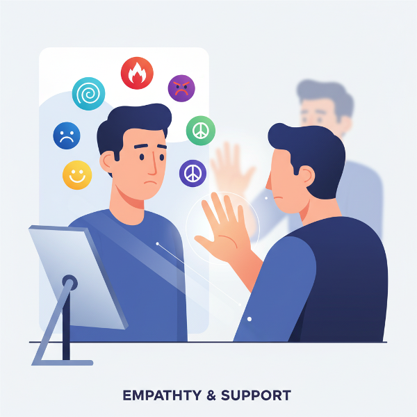 感情知能（EQ）の4つの主要コンポーネント（自己認識、自己管理、社会的認識、関係管理）を象徴的に表した、シンプルでモダンなグラフィック画像。