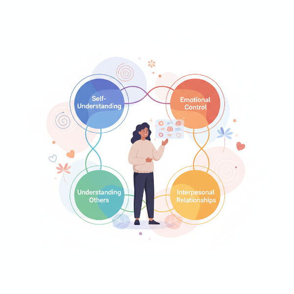 感情知能の4つの側面（自己理解、感情コントロール、他者理解、対人関係）をバランスよく評価するオンラインテストの概念を表す、バランスの取れたカラフルなインフォグラフィック画像。