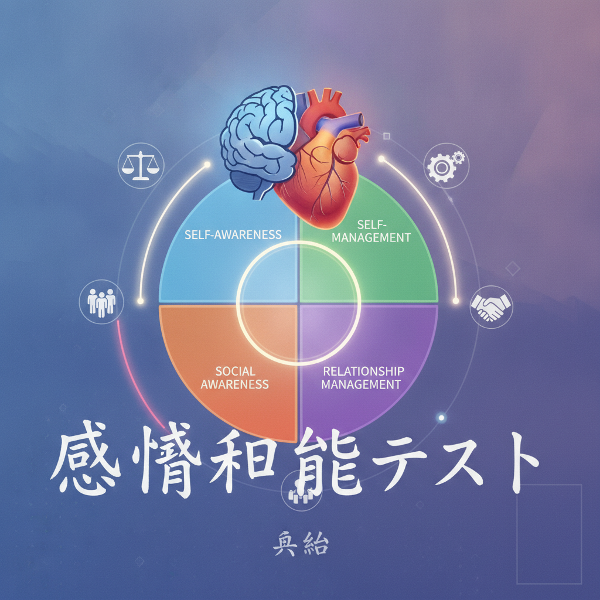 感情知能の4要素を表すアイコンと脳と心臓のつながりを描いた、明るく親しみやすいテスト解説イメージ。